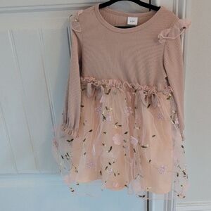 Pink Long Sleeve Dress with Floral Overlay